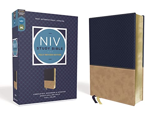 NIV Study Bible, Fully Revised Edition (Study Deeply. Believe Wholeheartedly.), Leathersoft, Navy_Tan, Red Letter, Comfort Print