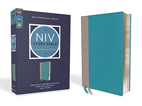 NIV Study Bible, Fully Revised Edition (Study Deeply. Believe Wholeheartedly.), Leathersoft, Teal_Gray, Red Letter, Comfort Print