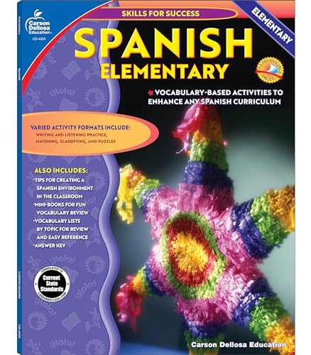 Skills For Success Elementary Spanish Workbook for Kids, Grades K-5 Spanish Vocabulary, Puzzles, and Writing Practice, Kindergarten — 5th Grade Spanish Classroom or Homeschool Curriculum