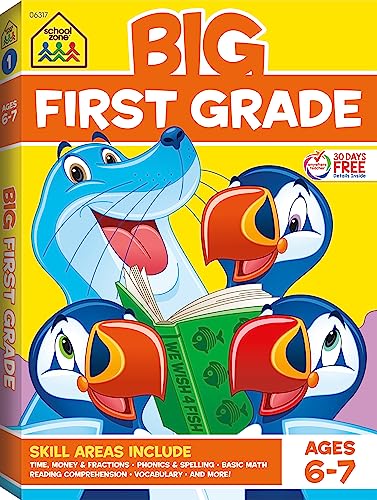 School Zone - Big First Grade Workbook - 320 Pages, Ages 6 to 7, 1st Grade, Beginning Reading, Phonics, Spelling, Basic Math, Word Problems, Time, Money, and More (Series)