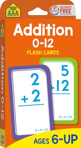 School Zone - Addition 0-12 Flash Cards - Ages 6 and Up, 1st Grade, 2nd Grade, Numbers 0-12, Math, Problem Solving, Addition Problems, Counting, and More