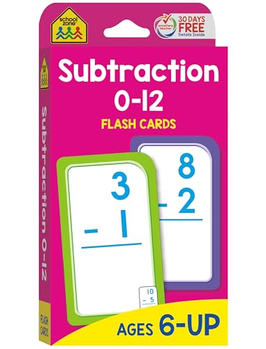 School Zone - Subtraction 0-12 Flash Cards - Ages 6 and Up, 1st Grade, 2nd Grade, Numbers 0-12, Math, Problem Solving, Subtraction Problems, Counting, and More