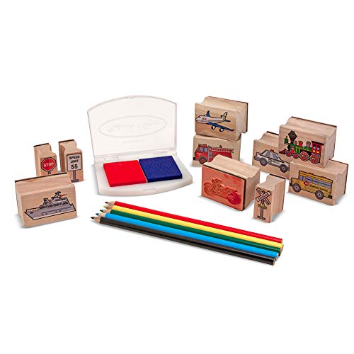 Melissa & Doug Wooden Stamp Set: Vehicles - 10 Stamps, 5 Colored Pencils, 2-Color Stamp Pad