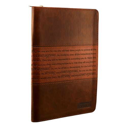 Classic Faux Leather Journal Strong and Courageous Joshua 1:57 Bible Verse, Brown Inspirational Notebook, Lined Pages w_Scripture, Ribbon Marker, Zipper Closure