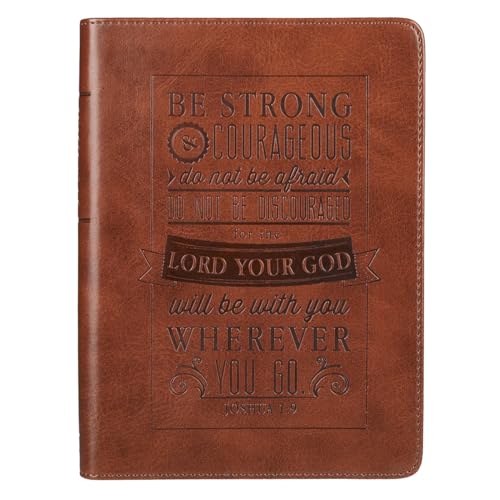 Christian Art Gifts Classic Handy-sized Journal Be Strong and Courageous Joshua 1:9 Bible Verse Inspirational Scripture Notebook w_Ribbon, Faux Leather Flexcover 240 Ruled Pages, 5.7" x 7", Brown