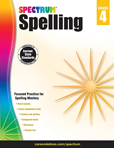 Spectrum Spelling Workbook Grade 4, Ages 9 to 10, 4th Grade Spelling Workbook, Handwriting Practice with Vowels, Diagraphs, Parts of Speech, and ... English Dictionary - 208 Pages (Volume 74)