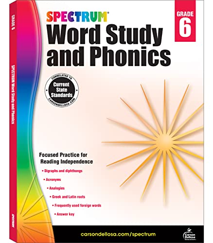 Spectrum 6th Grade Word Study and Phonics Workbook, Ages 11 to 12, Grade 6 Phonics and Word Study, Root Words, Analogies, Acronyms, Diagraphs, Vocabulary Builder, and Dictionary Skills - 168 Pages