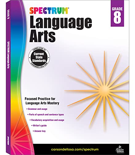 Spectrum Grade 8 Language Arts Workbook, Ages 13-14, Parts of Speech, Vocabulary, Writing Practice, Sentence Building Skills, and Grammar Workbook, 8th Grade Language Arts Workbook for Teens