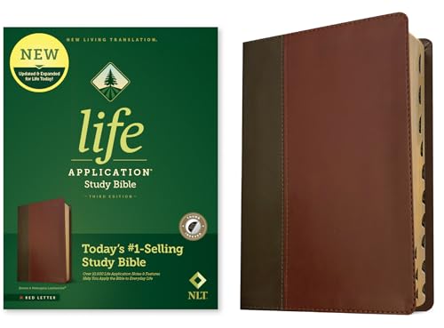 NLT Life Application Study Bible, Third Edition (Red Letter, LeatherLike, Brown_Mahogany, Indexed) Tyndale NLT Bible with Thumb Index, Updated Study Notes_Features, Full Text New Living Translation