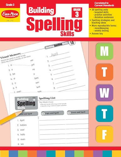 Evan-Moor Building Spelling Skills, Grade 3 - Homeschooling & Classroom Resource Workbook, Reproducible Worksheets, Teaching Edition, Spelling Strategies, Reading and Writing Skills