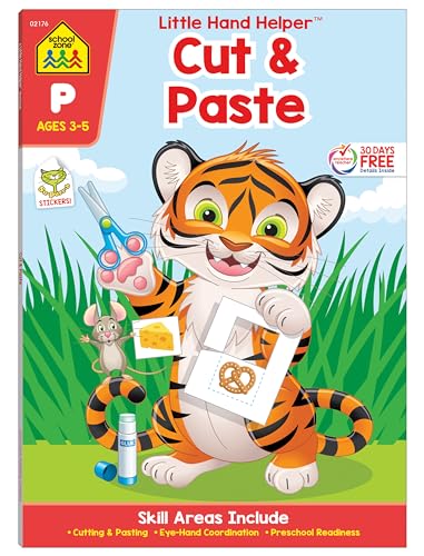 School Zone Cut & Paste Skills Workbook: Little Hands Helper™ Book Series for Ages 3-5, Preschool, Kindergarten, Scissor Cutting, Glue, Stickers, Counting, Puzzles, and More