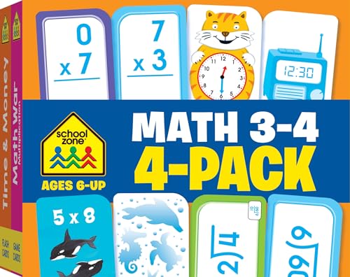 School Zone - Math 3-4 4-Pack Flash Cards - Ages 6+, 3rd Grade, 4th Grade, Multiplication 0-12, Division 0-12, Math War Multiplication Game Cards, Time & Money, Telling Time, Coin Values, and More