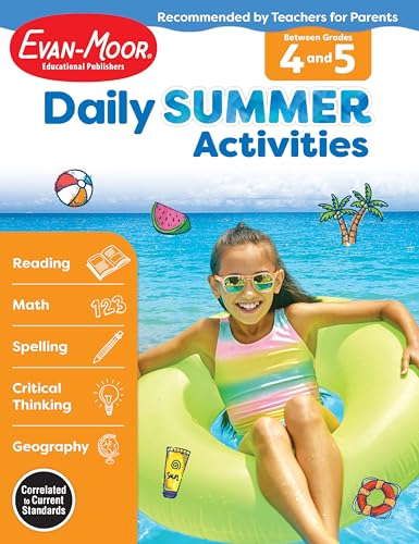 Evan-Moor Daily Summer Activities, Grade 4-5 Workbook, Stickers, Prevent Learning Loss, Reading Comprehension, Writing, Math, Grammar, Punctuation, Spelling, Multiplication, Fractions, Geography, Maps