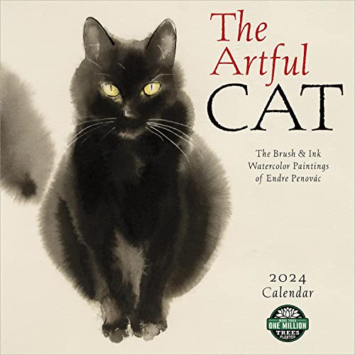 The Artful Cat 2024 Wall Calendar: Brush & Ink Watercolor Paintings by Endre Penovac | 12" x 24" Open | Amber Lotus Publishing