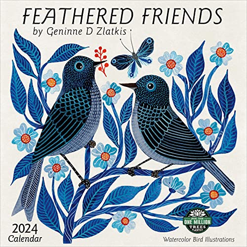 Feathered Friends 2024 Wall Calendar: Watercolor Bird Illustrations by Geninne Zlatkis | 12" x 24" Open | Amber Lotus Publishing