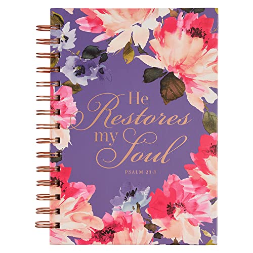 Christian Art Gifts Journal w_Scripture for Women He Restores My Soul Psalm 23:3 Bible Verse Pink Purple Floral 192 Ruled Pages, Large Hardcover Notebook, Wire Bound