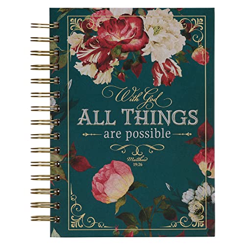 Christian Art Gifts Journal w_Scripture for Women With God All Things Mathew 19:26 Bible Verse Teal_Roses 192 Ruled Pages, Large Hardcover Notebook, Wire Bound