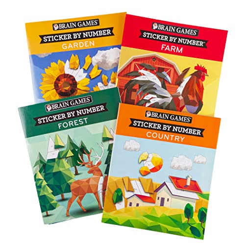 4 Booklet Set - Brain Games - Sticker by Number: Country, Farm, Forest, Garden