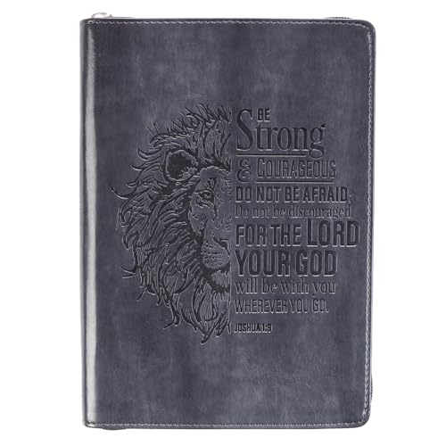 Classic Faux Leather Journal Be Strong and Courageous Lion Joshua 1:9 Bible Verse Gray Inspirational Notebook, Lined Pages w_Scripture, Ribbon Marker, Zipper Closure