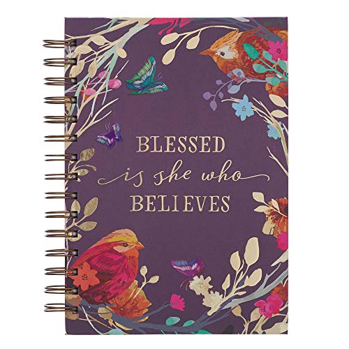 Inspirational Spiral Journal Notebook for Women Blessed Is She Who Believes Birds_Floral Eggplant Wire Bound w_192 Ruled Pages, Large Hardcover, With Love