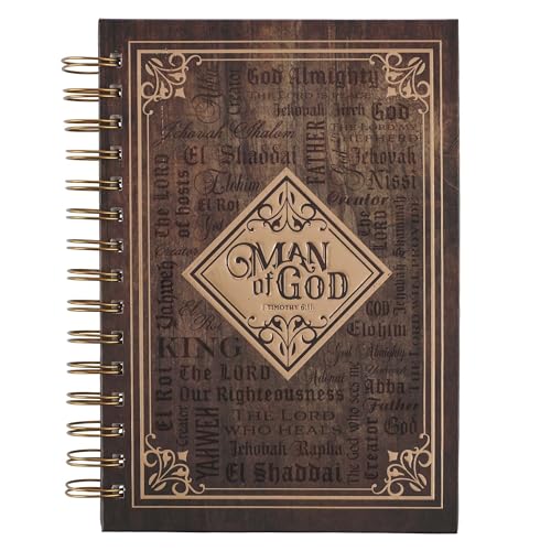 Christian Art Gifts Journal w_Scripture Man of God 1 Timothy 6:11 Bible Verse Names of God Brown 192 Ruled Pages, Large Hardcover Notebook, Wire Bound