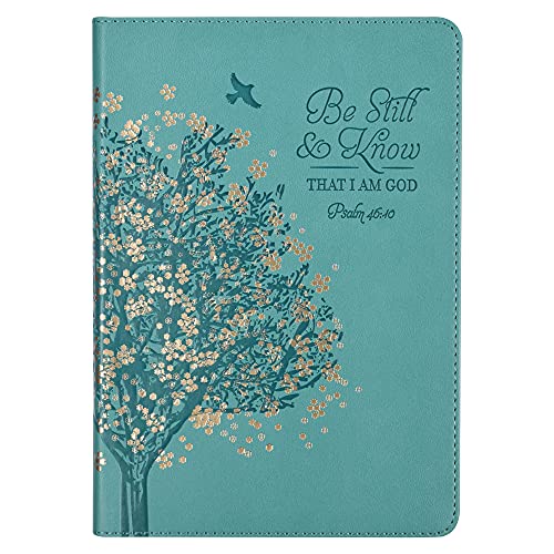 Christian Art Gifts Classic Journal Be Still And Know Psalm 46:10 Floral Inspirational Scripture Notebook, Ribbon Marker, Teal_Gold Faux Leather Flexcover, 336 Ruled Pages