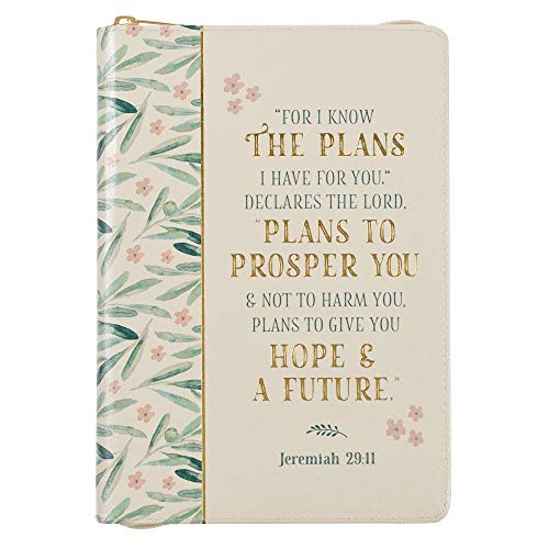 Classic Faux Leather Journal For I Know The Plans Jeremiah 29:11 Bible Verse Ivory Floral Inspirational Notebook, Lined Pages w_Scripture, Ribbon Marker, Zipper Closure