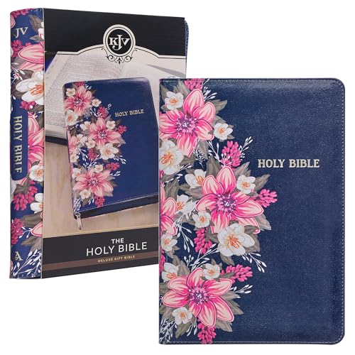 KJV Holy Bible Standard Size Faux Leather Red Letter Edition Thumb Index & Ribbon Marker, King James Version, Blue Floral, Zipper Closure