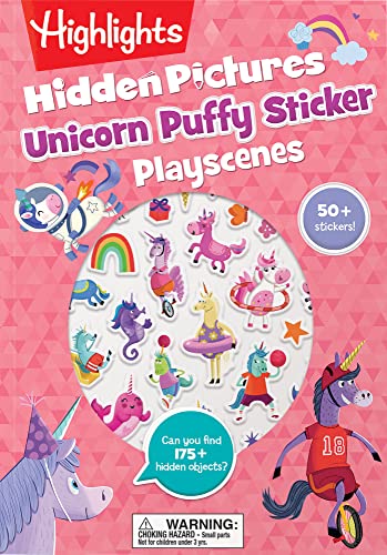 Unicorn Hidden Pictures Puffy Sticker Playscenes: Unicorn Sticker Activity Book, 50+ Reusable Stickers, Decorate Pictures and Solve Puzzles, Sticker Book for Kids (Highlights Puffy Sticker Playscenes)