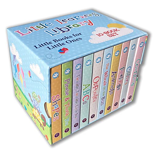 Little Learners 10 Board Book Library Set Includes Counting, Colors, Feelings, Animals, The Wheels on the Bus, Opposites, ABCs, Twinkle Twinkle Little Star, Please & Thank You, and Shapes