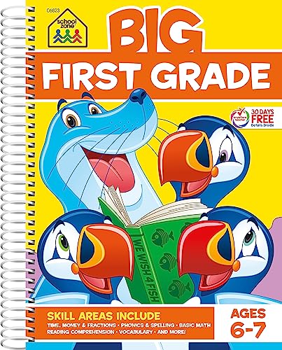 School Zone - Big First Grade Workbook - 320 Spiral Pages, Ages 6 to 7, 1st Grade, Reading, Parts of Speech, Basic Math, Word Problems, Time, Money, Fractions, and More (Big Spiral Bound Workbooks)