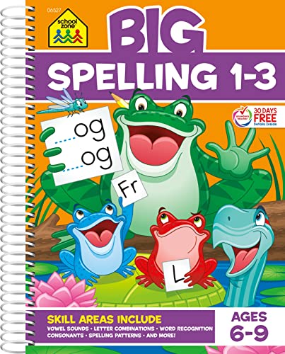 School Zone - Big Spelling 1-3 Workbook - 320 Spiral Pages, Ages 6 to 9, 1st Grade, 2nd Grade, 3rd Grade, Letter Sounds, Consonants, Puzzles, and More (Big Spiral Bound Workbooks)