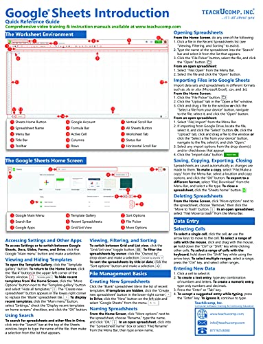 Google Sheets Quick Reference Training Card - Laminated Tutorial Guide Cheat Sheet (Instructions and Tips)