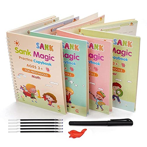 Sank Magic Practice Copybook, (4 Books + 10 REFILL+1 Pen +1 Grip) Number Tracing Book for Preschoolers with Pen, Magic Calligraphy Copybook Set Practical Reusable Writing Tool Simple Hand Lettering