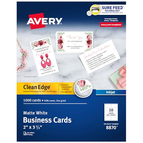 Avery Clean Edge Printable Business Cards with Sure Feed Technology, 2" x 3.5", White, 1,000 Blank Cards for Inkjet Printers (08870)