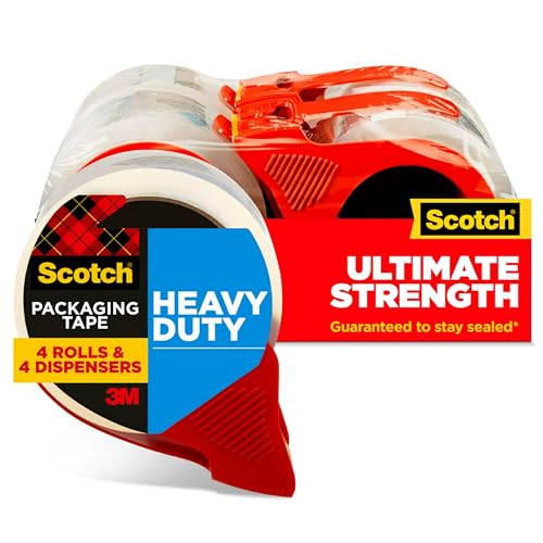 Scotch Heavy Duty Shipping and Moving Packing Tape, Clear, Packing and Moving Supplies, 1.88 in. x 54.6 yd., 4 Tape Rolls with 4 Dispensers