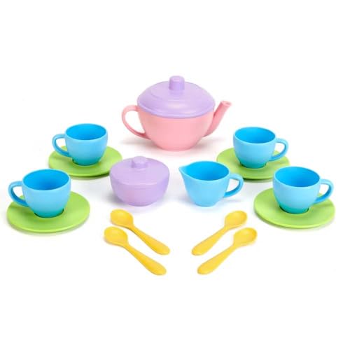 Green Toys Tea Set - BPA _ Phthalates Free Play Toys for Gross Motor, Fine Skills Development. Kitchen Toys