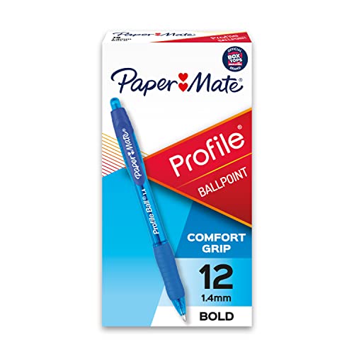 Paper Mate Profile Retractable Ballpoint Pens, Bold Point (1.4mm), Blue, 12 Count