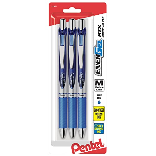 Pentel EnerGel Deluxe RTX Gel Ink Pens, 0.7 Millimeter Metal Tip, Blue Ink, 3-Pack (BL77BP3C)