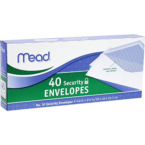 Mead #10 Envelopes, Security Printed Lining for Privacy, Gummed Closure, All-Purpose 20-Ib Paper, 4-1_8" x 9-1_2", White, 40 Letter Size Envelopes per Box (75214)