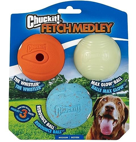 Chuckit Fetch Medley Dog Ball Dog Toys, Medium (2.5 Inch) Pack of 3, for Medium Breeds, Includes Whistler, Max Glow and Rebounce Balls