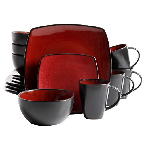 Gibson Soho Lounge Square Reactive Glaze Dinnerware Set, Red, Service for 4 (16pcs)