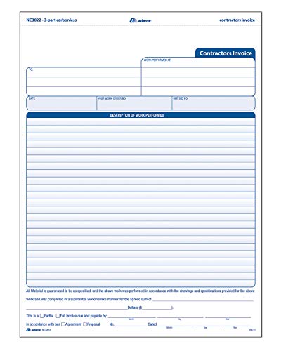 Adams Contractor Invoice Forms, 8.5 x 11.44 Inch, 3-Part, Carbonless, 100-Pack, White, Canary and Pink (NC3822)