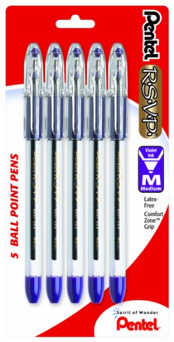 Pentel R.S.V.P. Ballpoint Pen, Medium Line, Violet Ink, 5 Pack (BK91BP5V)