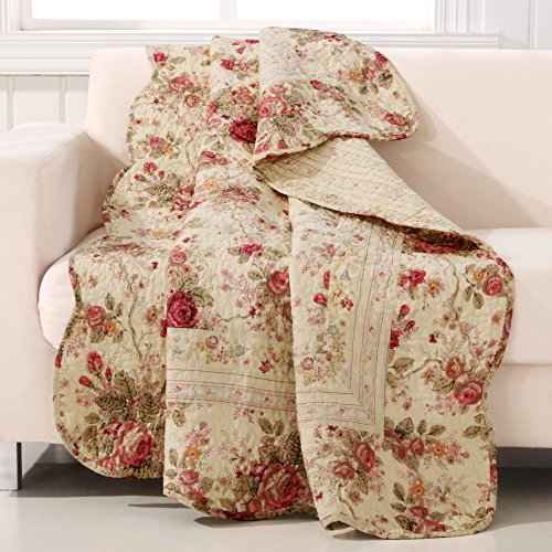 Greenland Home Antique Rose - Classic Traditional Floral - 100zz Cotton Quilted Throw Blanket, 50 x 60 inches, Ecru