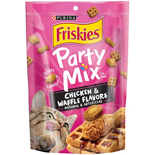 Purina Friskies Made in USA Facilities Cat Treats, Party Mix Chicken & Waffle Flavors - (Pack of 6) 6 oz. Pouches