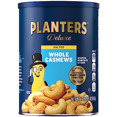 PLANTERS Deluxe Salted Whole Cashews, Party Snacks, Plant-Based Protein, Quick Snack for Adults, After School Snack, Roasted Cashew Flavored with Sea Salt, Bulk Nuts, Kosher, 1 lb 2.25oz Canister