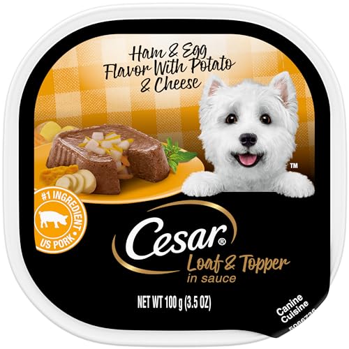 CESAR Adult Wet Dog Food Loaf & Topper in Sauce Ham & Egg Flavor with Potato & Cheese, 3.5 oz. Easy Peel Trays, Pack of 24