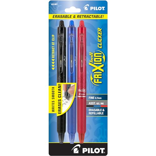 PILOT FriXion Clicker Erasable, Refillable & Retractable Gel Ink Pens, Fine Point, Black_Blue_Red Inks, 3-Pack (31467)