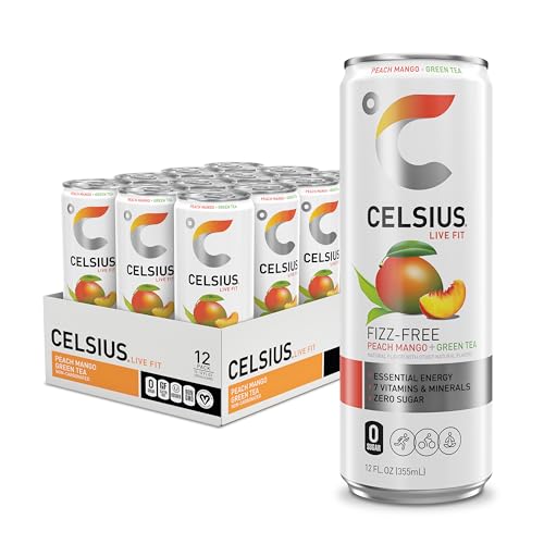 CELSIUS Peach Mango Green Tea, Functional Essential Energy Drink 12 Fl Oz (Pack of 12)